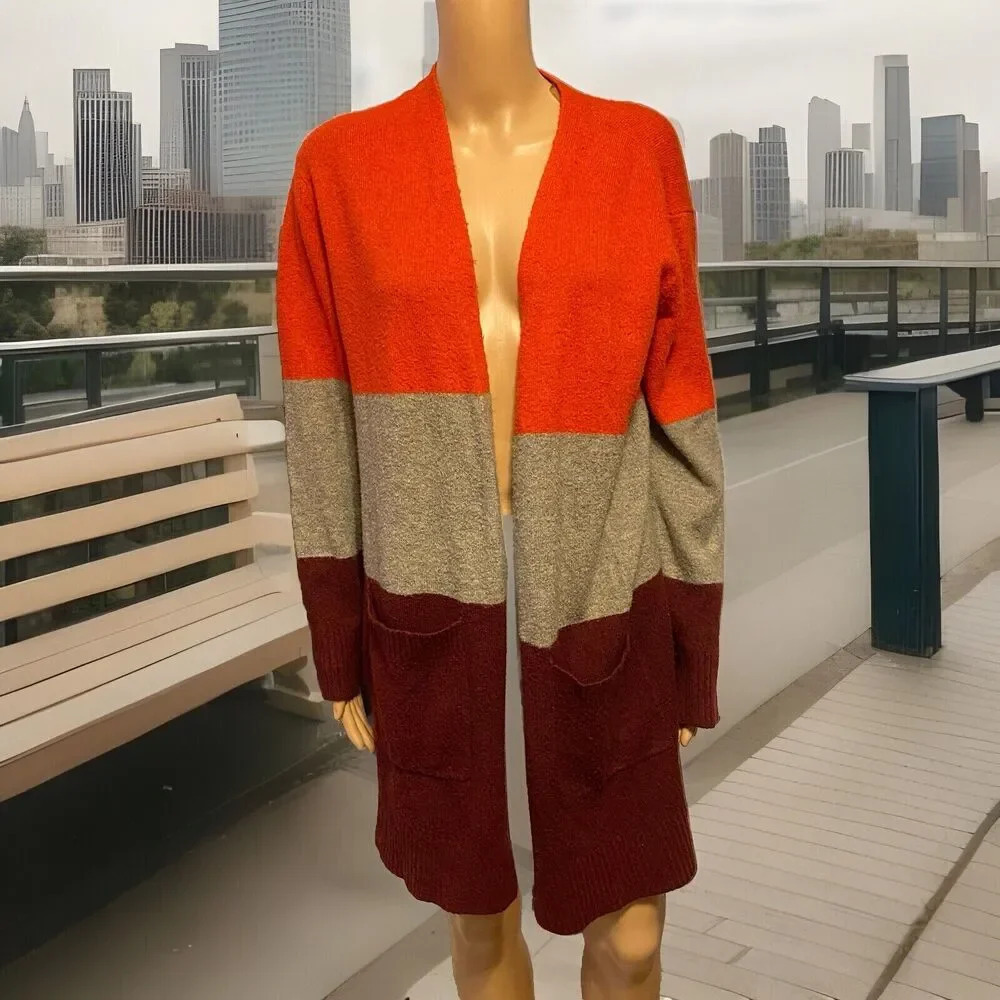 A Newday Open Cardigan Women Sz M Color Block Cottagecore Holiday Preppy Pocket